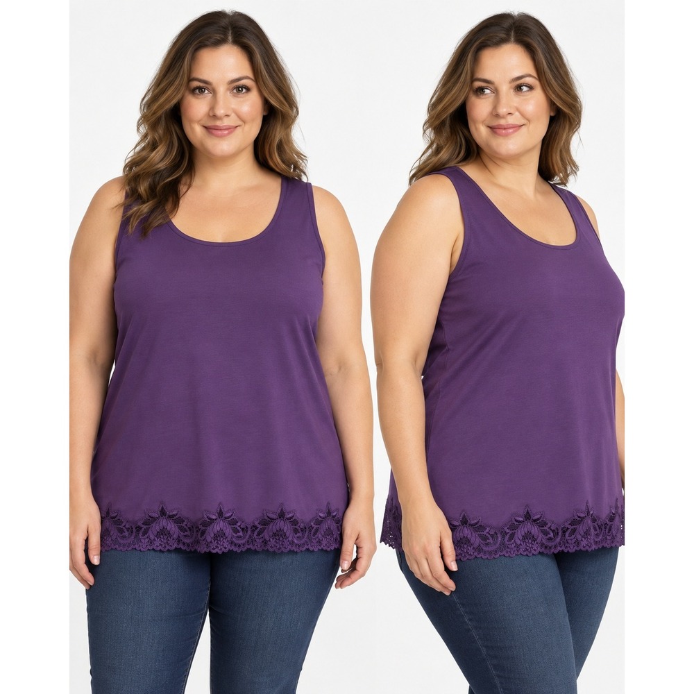 Coldwater Creek Womens 1X Purple Lace Trim Tank Top Scoop Neck Cotton Blend NEW